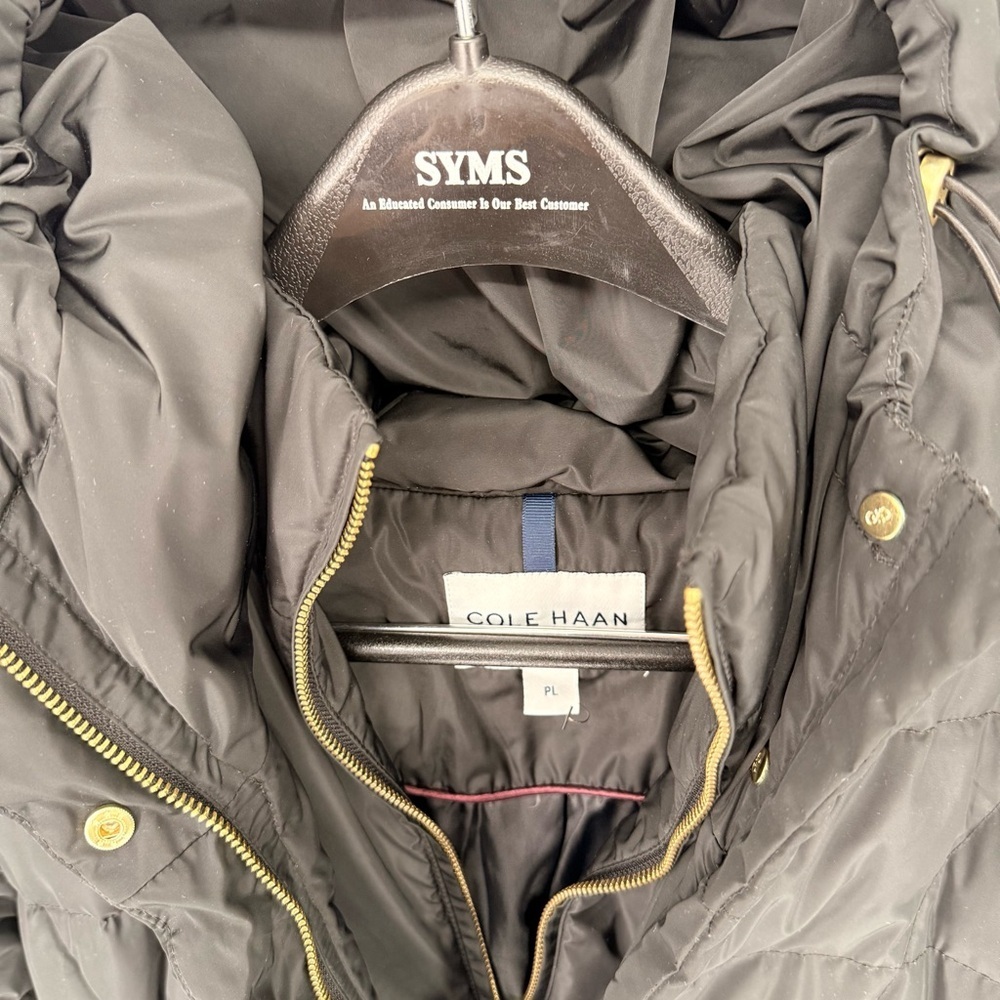 Cole Haan Black Quilted Down Filled Winter Hooded Long Coat Size PL